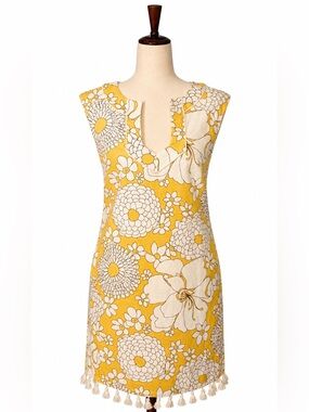 Trina Turk Yellow Floral Tassel Hem Shift Dress. 2
